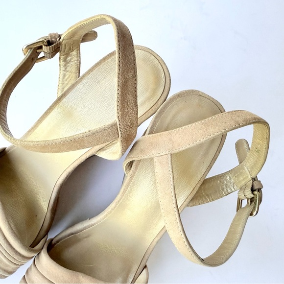 Stuart Weitzman Sundraped Tan / Beige Suede Wedge Ankle Strap Sandals 8.5 - Picture 16 of 16